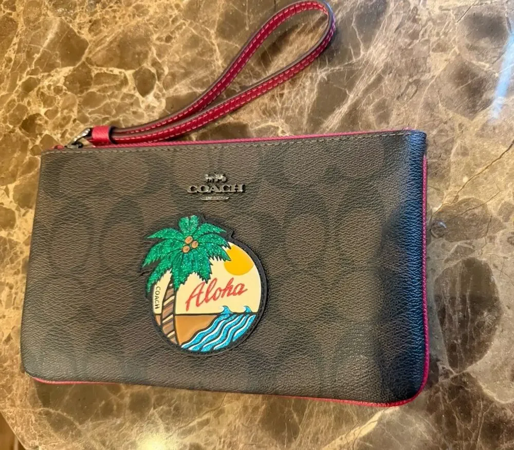 Coach Signature C Aloha Patch Brown Pink Wallet Wristlet 8